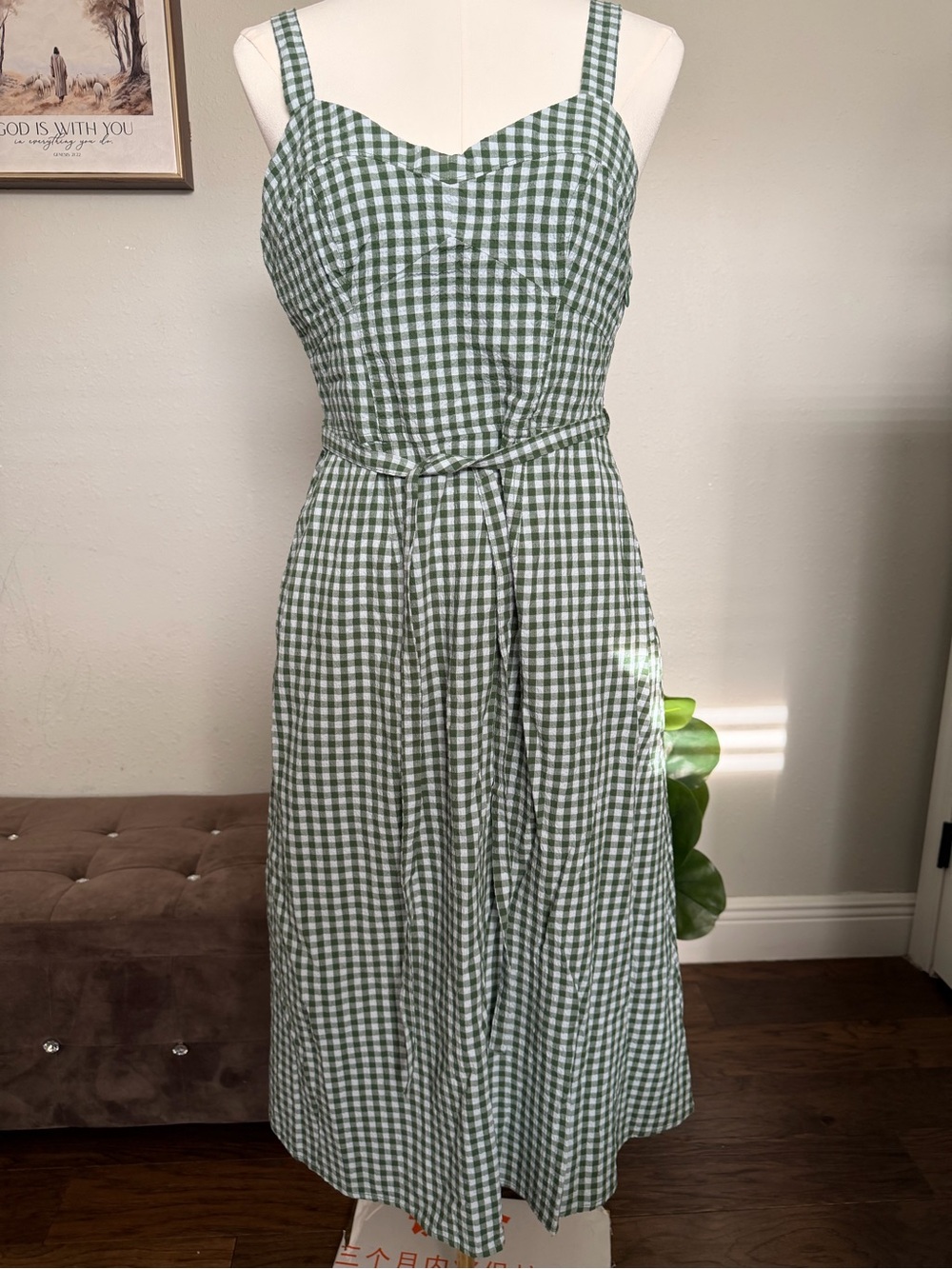 Green Gingham Midi Dress with Waist Tie